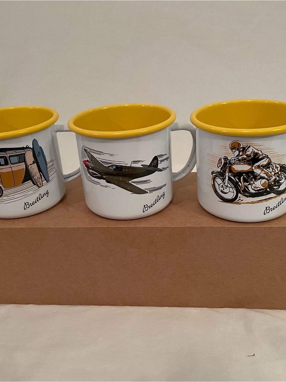 Breitling Yellow-Accent Enamel Camp Mug - Aviation & Motorcycle Design